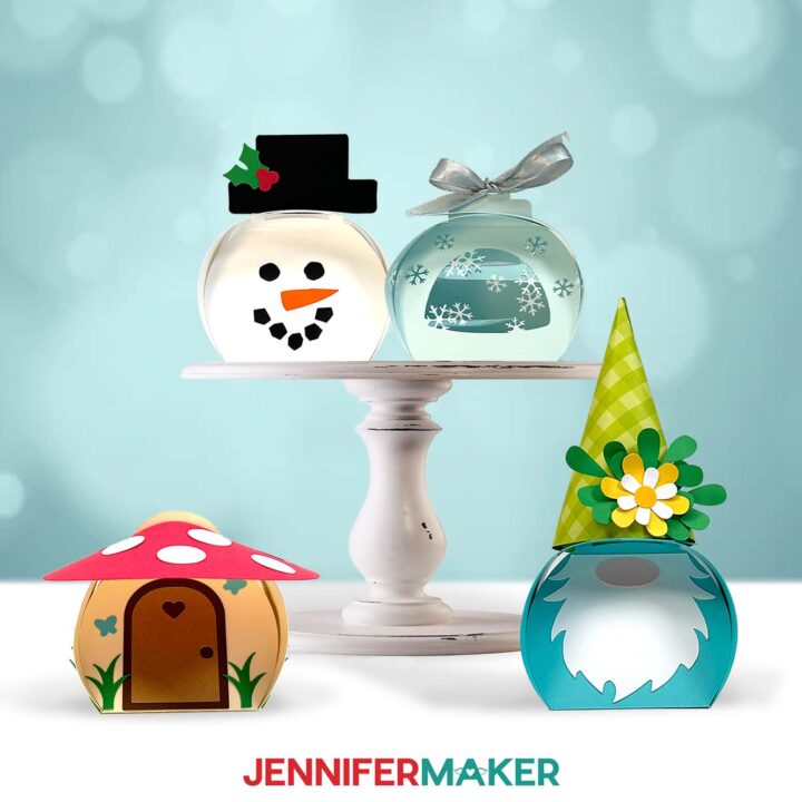Curvy Keepsake Boxes with snowman, snowflake, mushroom house, and gnome designs.
