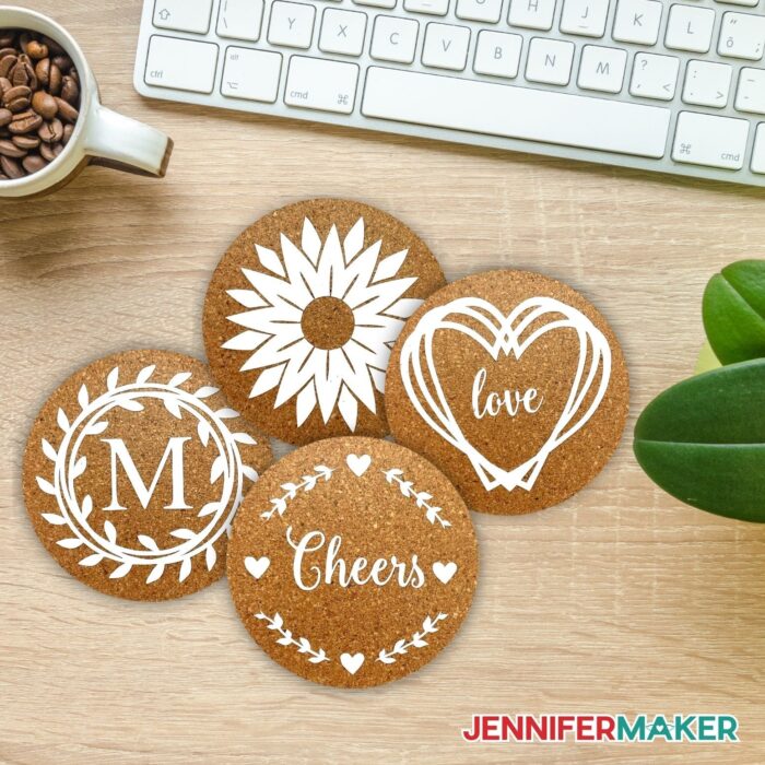 Custom Cork Coasters with a keyboard and cup of coffee beside them