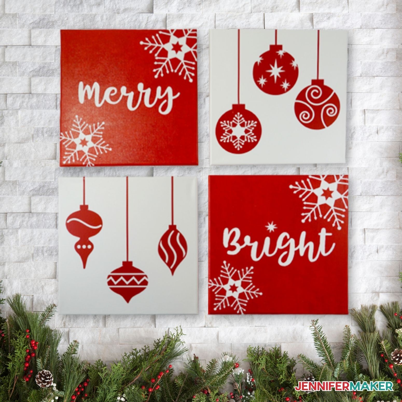 Christmas Window Decoration in Red with Wood | Large Canvas Art Print | Great Big Canvas