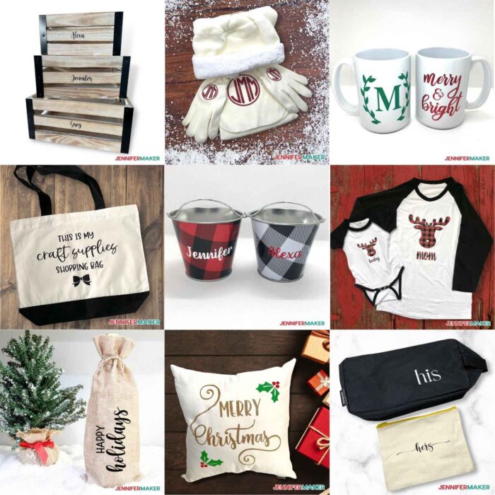 DIY Cricut Gift Ideas with mugs, totes, shirts, crates, pillows, gloves, and wine bags