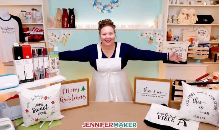 Jennifer Maker with 12 DIY Cricut Gift Ideas on her craft table