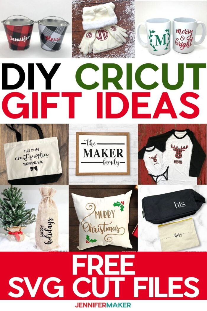 DIY Cricut Gift Ideas with mugs, totes, shirts, crates, pillows, gloves, and wine bags