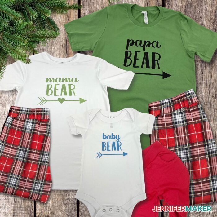 T-shirts in white and green for adults and children are a great Cricut project to sell