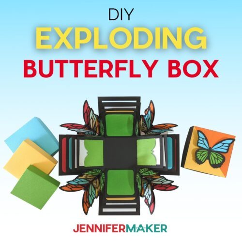 Tutorial for DIY exploding butterfly box made with colorful cardsock and butterflies in the corners.