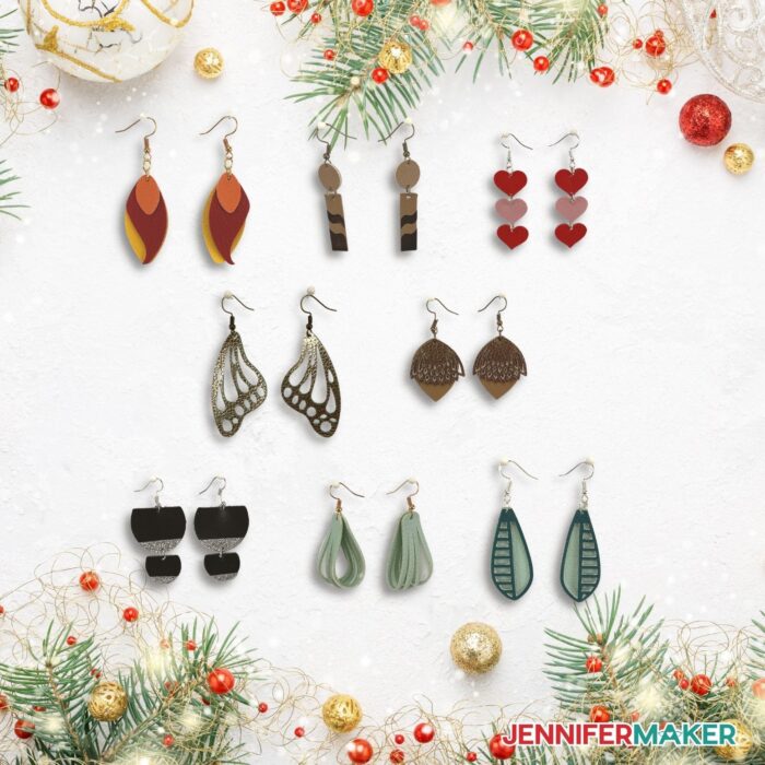 8 Pairs of DIY faux leather earrings on a festive background