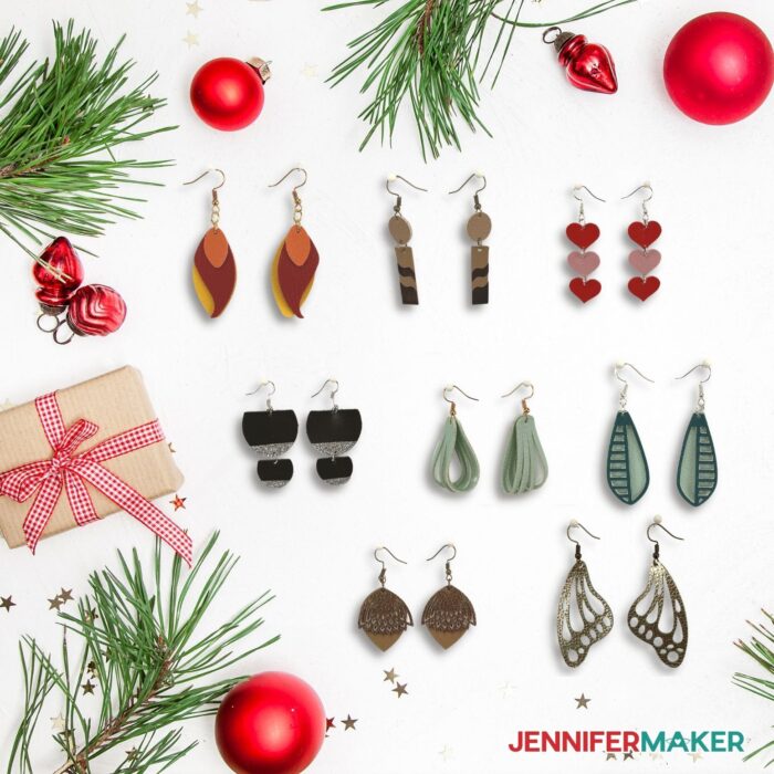 8 pairs of faux leather earrings on a festive background