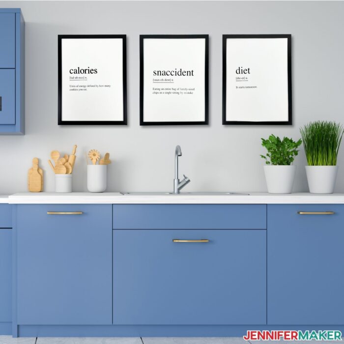 A set of 3 DIY kitchen wall signs hangin on a wall above a sink