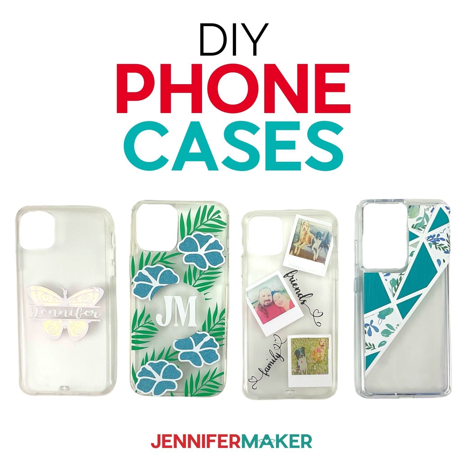 DIY Phone Cases made using a Cricut cutting machine using free SVG files from JenniferMaker