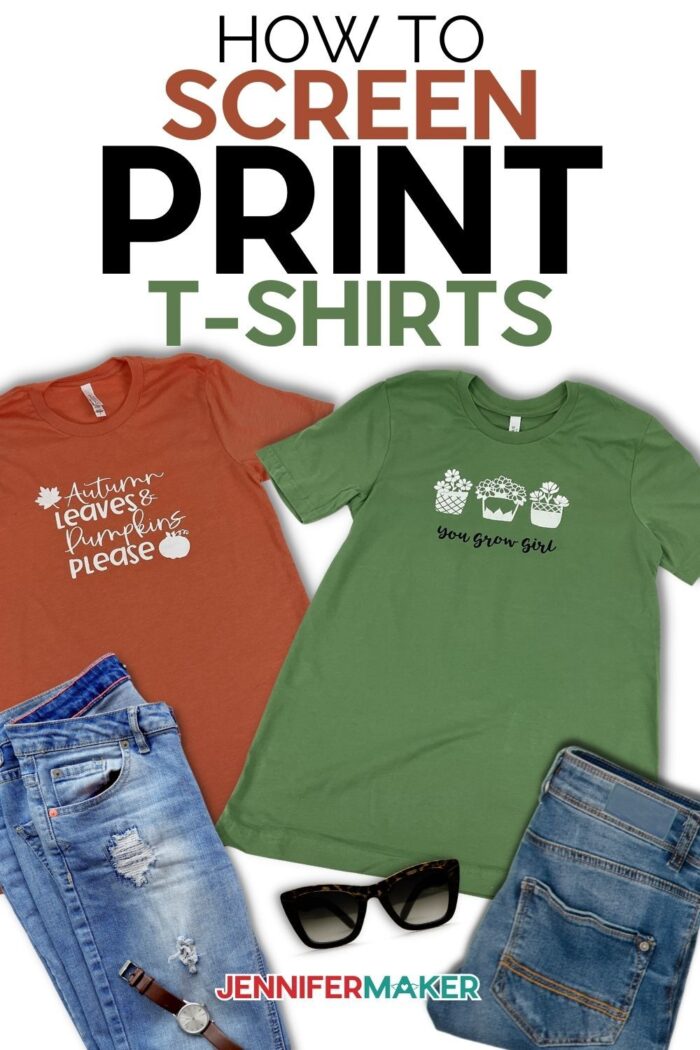 DIY Screen Printed T-Shirts made using a Cricut cutting machine using free SVGs from JenniferMaker