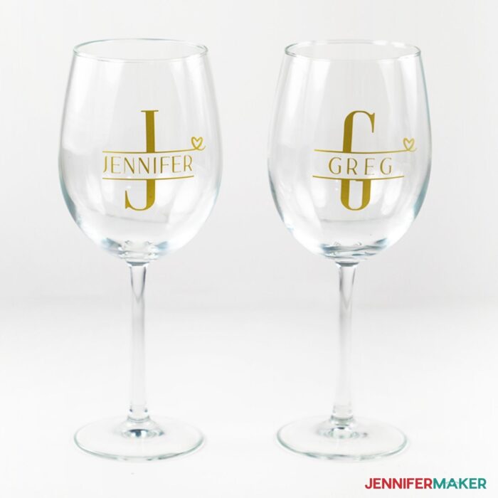 Monogram Wine Glass Vinyl Lettering Set of 2 Wine Glasses 