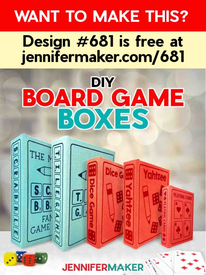 Make a DIY board game box to organize all your game pieces for display! Want to make this? Design #681 is free at jennifermaker.com/681. Five painted book boxes with iron-on vinyl labels are stood on end on a table. There are blue and red boxes of varying sizes, each labeled with a game title.