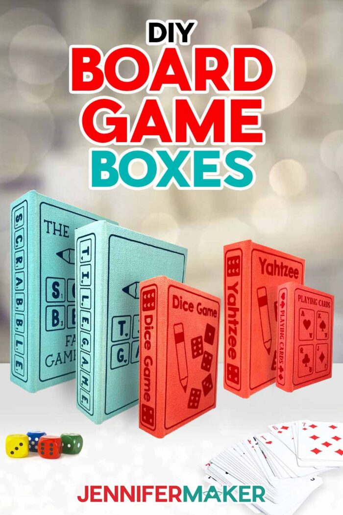 Make these DIY Board Game Boxes with Jennifer Maker! Five painted book boxes with iron-on vinyl labels are stood on end on a table with dice and playing cards. There are blue and red boxes of varying sizes, each labeled with a game title.