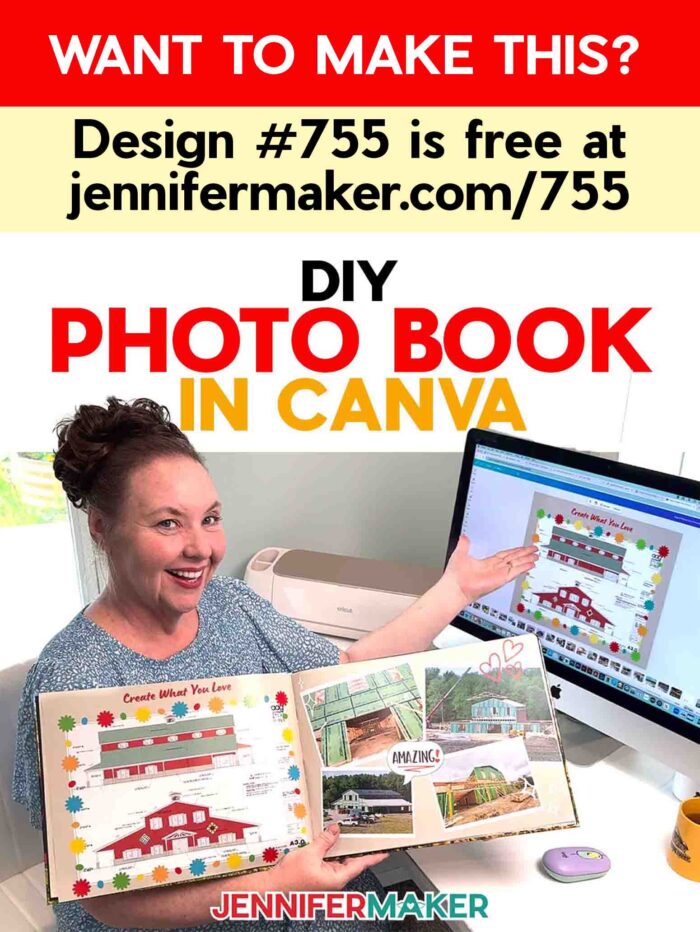 Want to make a DIY Photo Book? Design #755 is free at jennifermaker.com/755. Jennifer Maker sits at her computer desk and holds an open DIY Photo Book she created with Canva