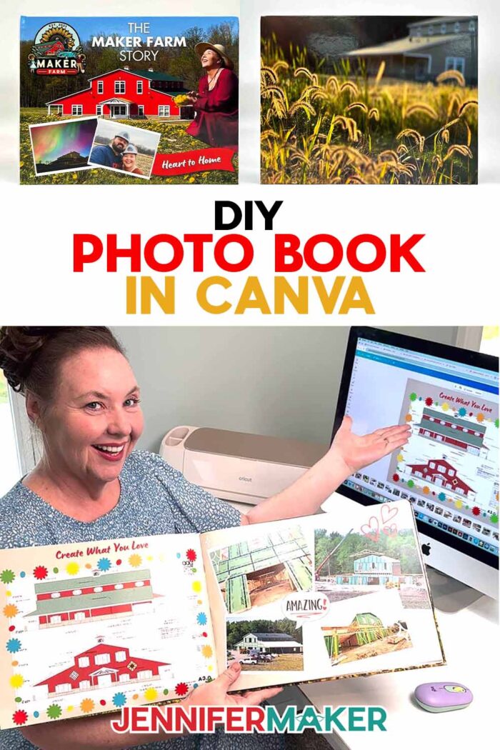 Jennifer Maker sits at her computer desk and holds an open DIY Photo Book she created with Canva. Get the free files to customize your own photo book at jennifermaker.com/755