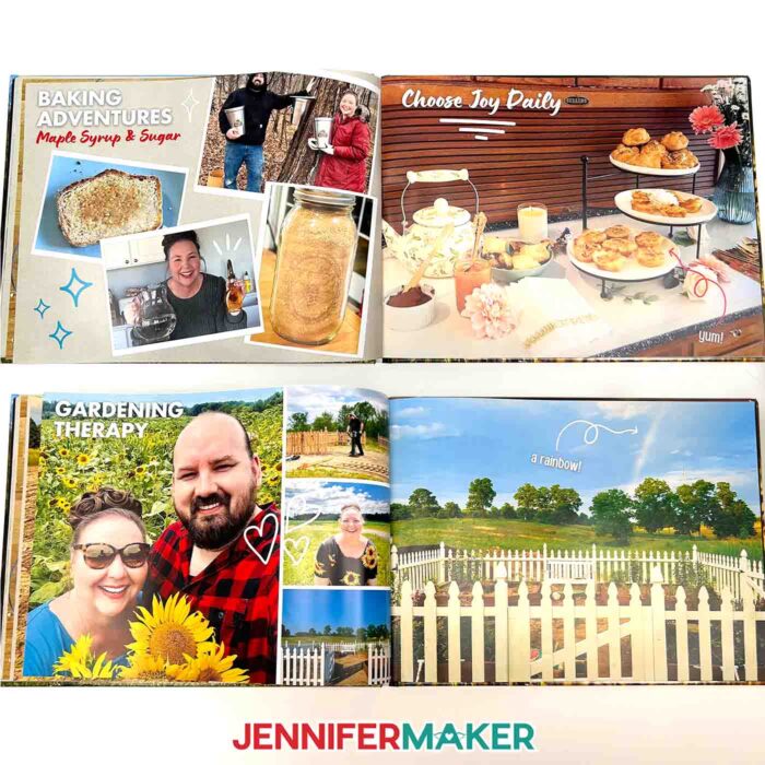 An open spread of Jennifer Maker's DIY Photo Book project she created in Canva, showing off her baking adventures and garden therapy photos