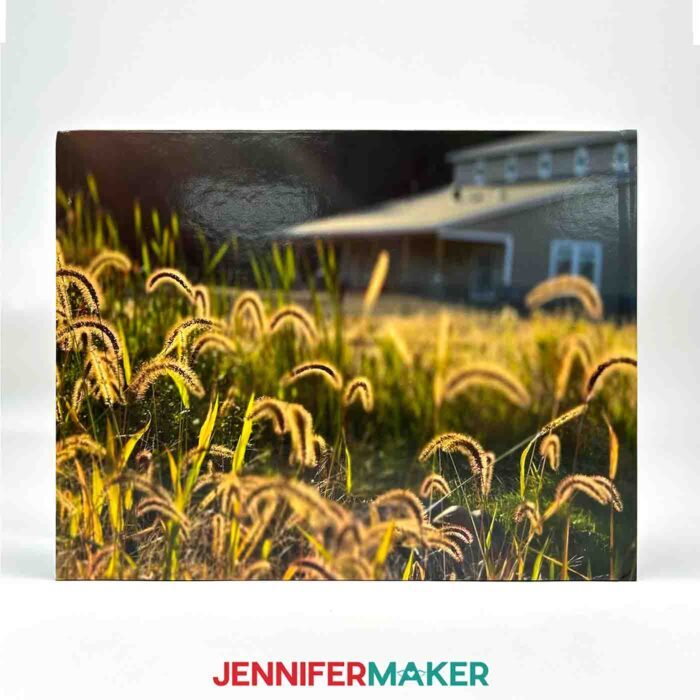 The back of Jennifer Maker's DIY Photo Book she created in Canva, featuring a photo of glowing cattails in front of an in-construction Maker Farm barn
