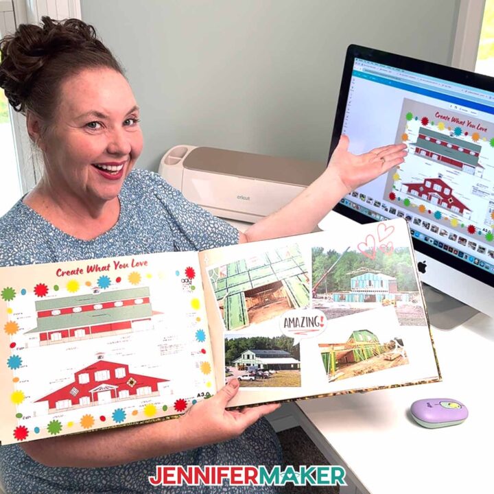 Jennifer holding the printed DIY Photo Book and pointing to a page open in Canva on a computer monitor.