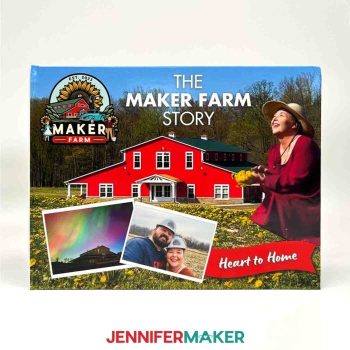 The cover of Jennifer Maker's DIY Photo Book she created in Canva, featuring "The Maker Farm Story"