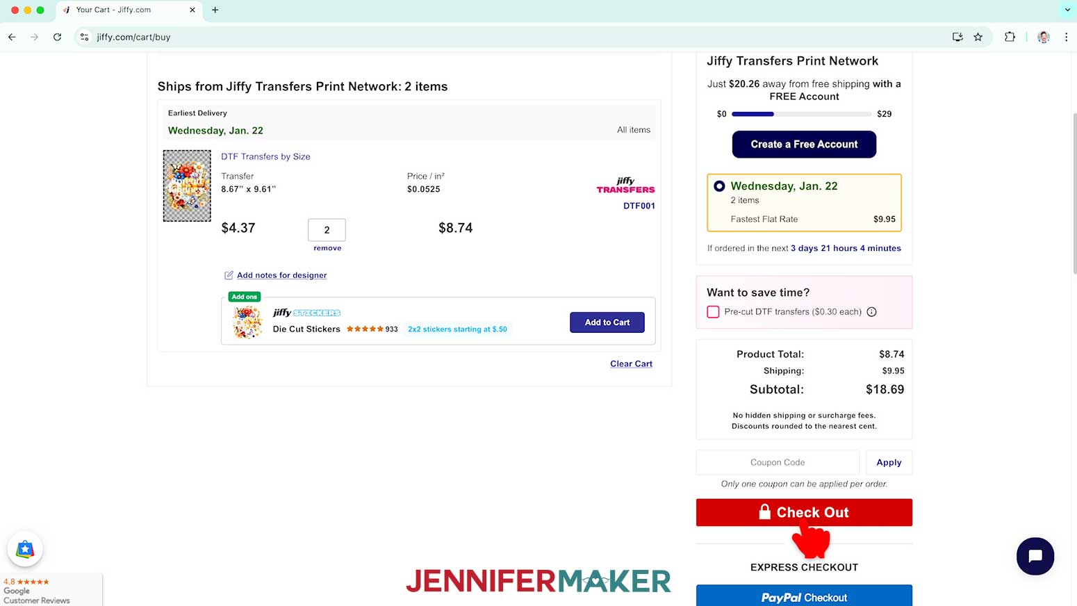 After verifying price and delivery times, click Check Out to finalize the Jiffy DTF order.