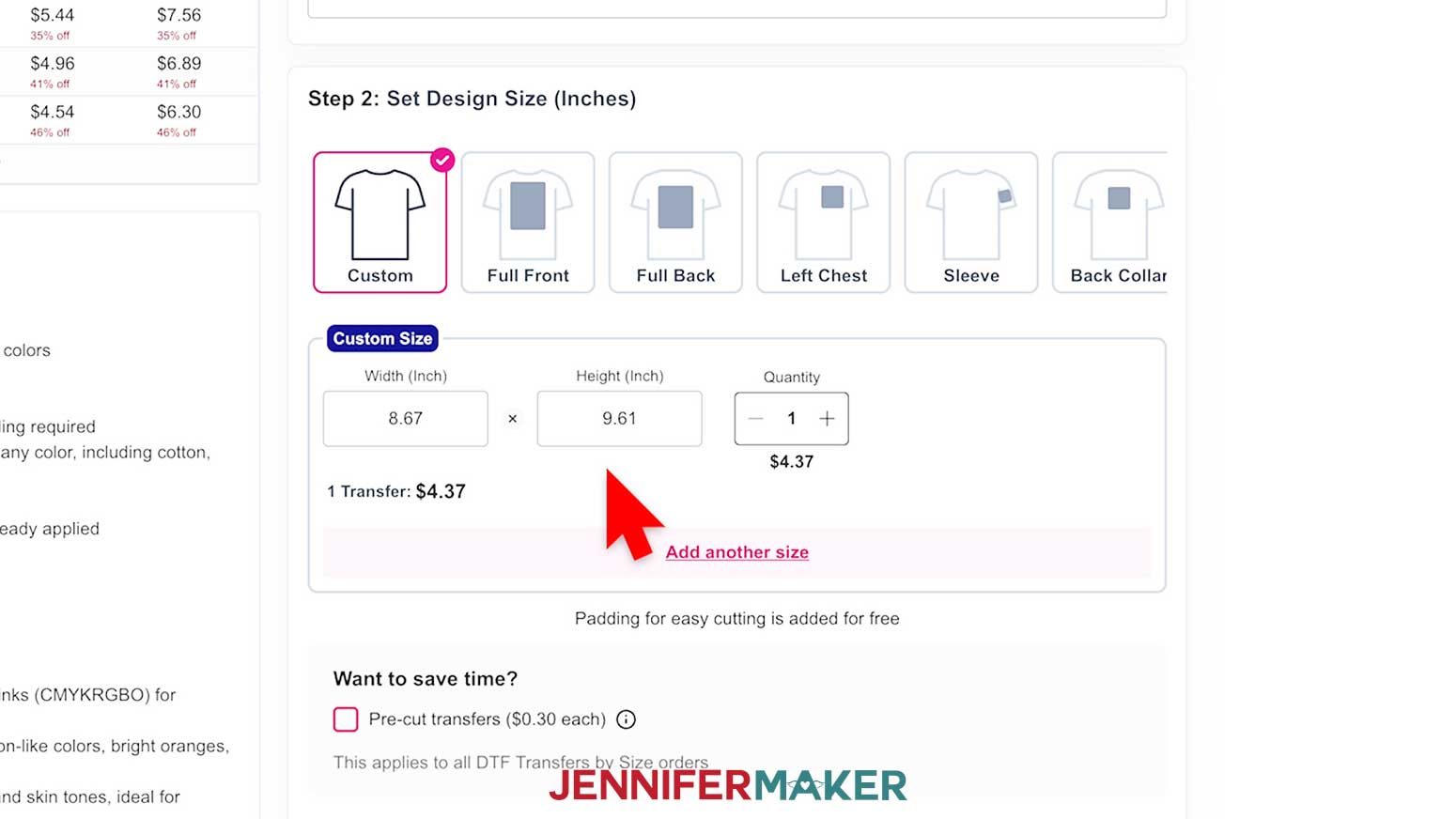 In Step Two, set your design as Custom to choose specific sizes for your DTF design.