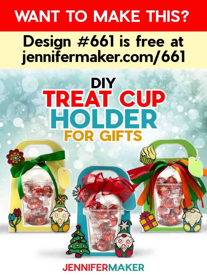 Make a dome cup holder with JenniferMaker's tutorial! Three holiday-themed domed cup holders sit against a snowy background. Want to make this? Design #661 is free at jennifermaker.com/661