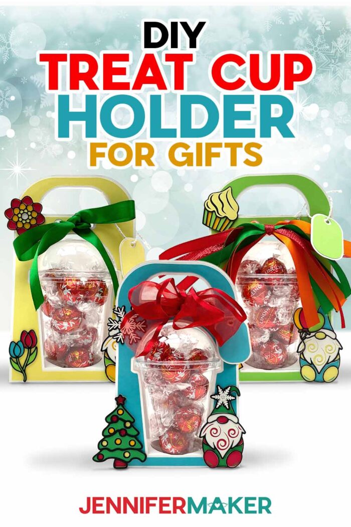 Make a dome cup holder with JenniferMaker's tutorial! Three holiday-themed domed cup holders sit against a snowy background.