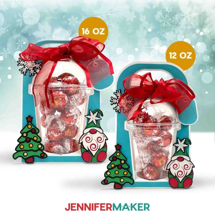 Make a dome cup holder with JenniferMaker's tutorial! Two different sizes of holiday-themed domed cup holder sits against a snowy background -- 16 ounce and 12 ounce.