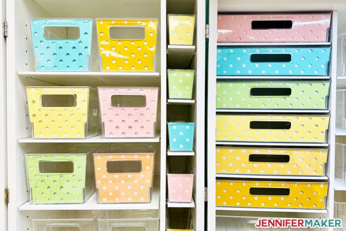 Colorful paper liners inside Dreambox storage totes ... with POLKA DOTS