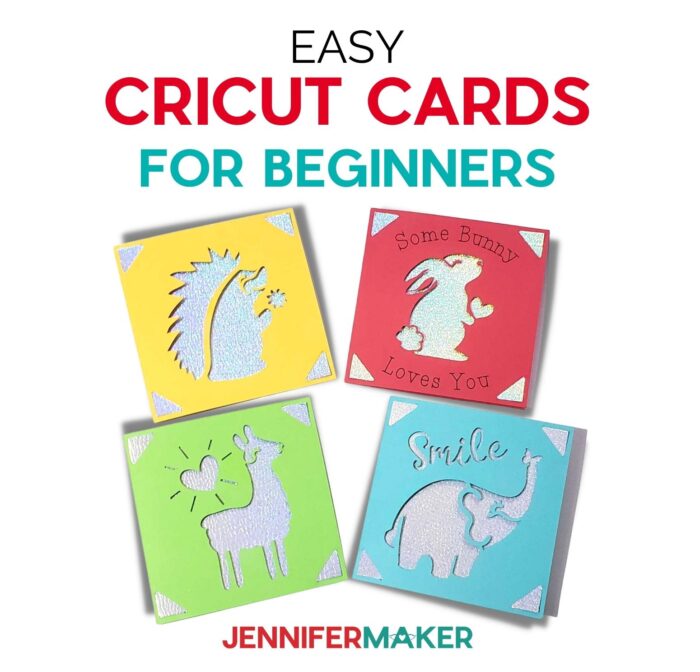 Four colorful Cricut cards with simple animal cutout designs for a beginner tutorial.