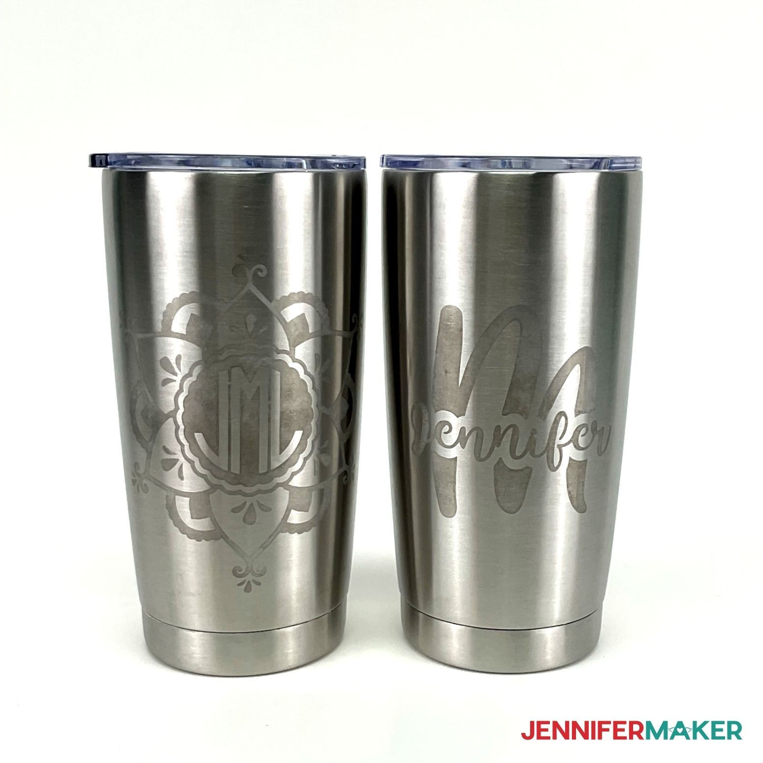 DIY Etched Stainless Steel Tumblers on a white background