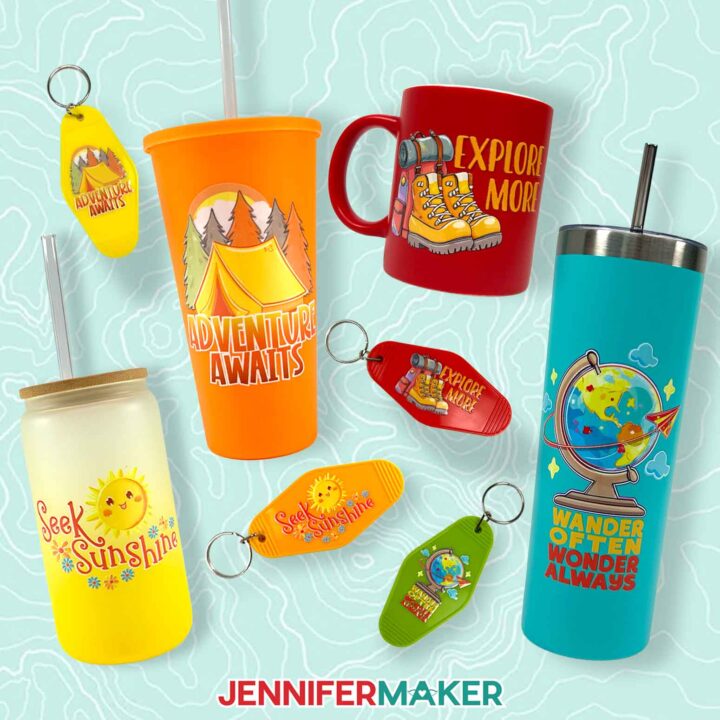 The ready to use UV DTF designs are applied to drinkware and keychains.