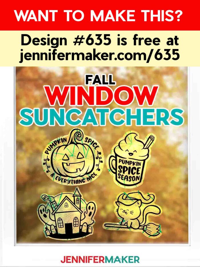 Learn how to make Fall Window Suncatchers with JenniferMaker's tutorial! A window looking out onto fall leaves is decorated by crafted rainbow window clings with vinyl decals in various fall and Halloween designs. Want to make this? Design #635 is free at jennifermaker.com/635