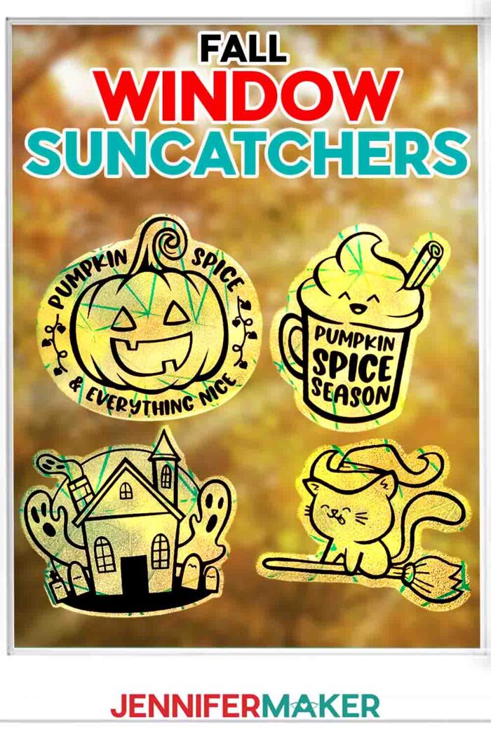 Learn how to make Fall Window Suncatchers with JenniferMaker's tutorial! A window looking out onto fall leaves is decorated by crafted rainbow window clings with vinyl decals in various fall and Halloween designs.