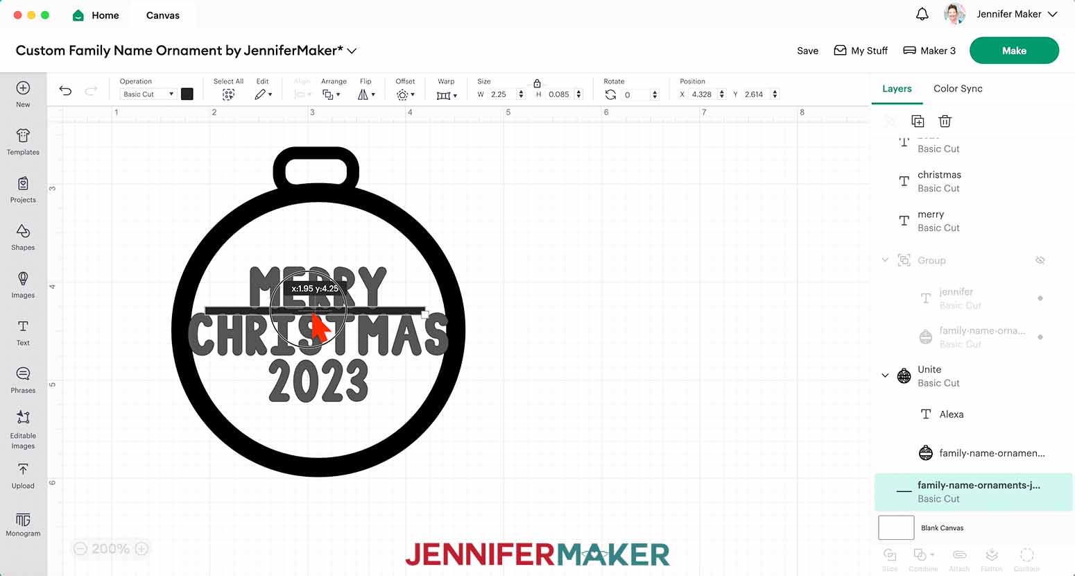 Place the horizontal line overlapping the bottom of the text in "Merry" and the top of the text in "Christmas."