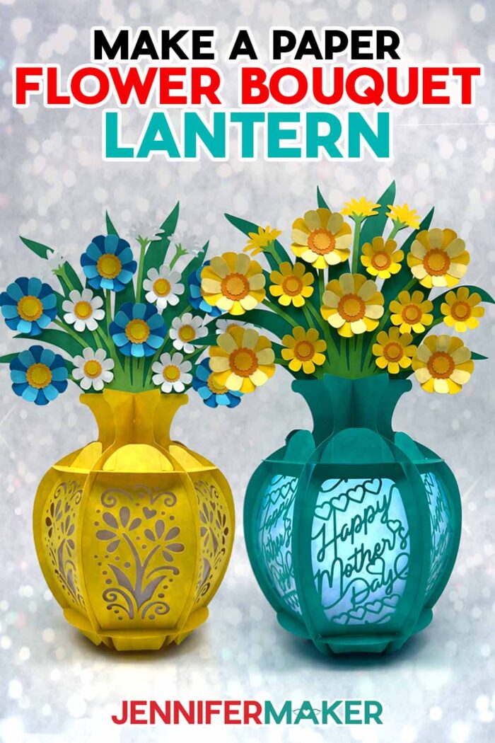 Make a paper flower bouquet lantern with this tutorial by JenniferMaker! A yellow lantern with blue and white flowers, and a teal lantern with yellow flowers.