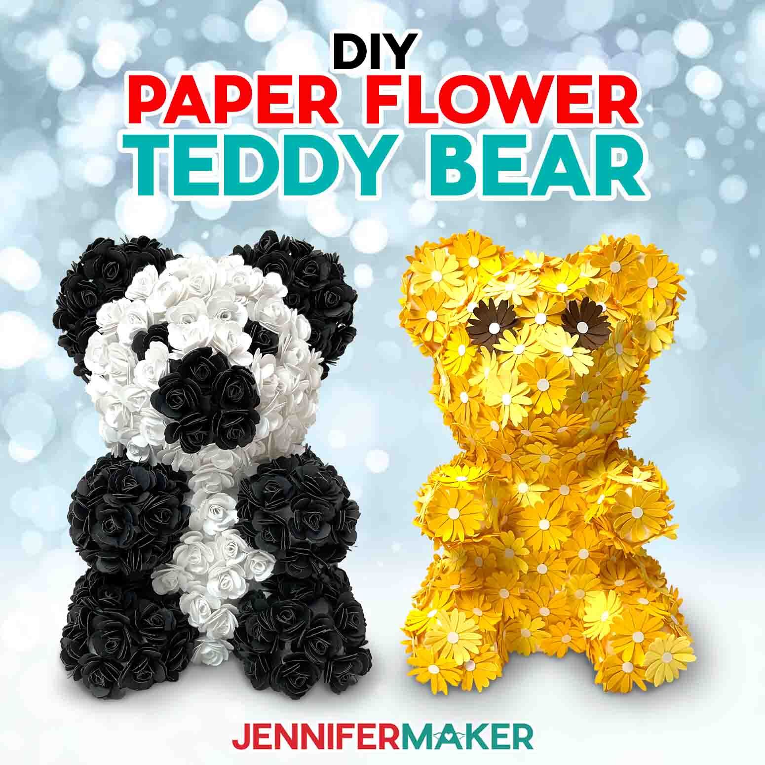 Create a Paper Flower Teddy Bear with JenniferMaker's tutorial! A panda made of black and white rolled paper roses sits next to a yellow bear made of paper daisies.