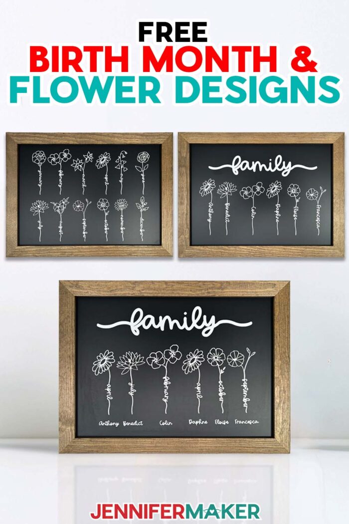 Get free Flower Word SVG files to make birth month flower projects and more! Three chalkboard style plaques, each with flower word designs applied in white adhesive vinyl