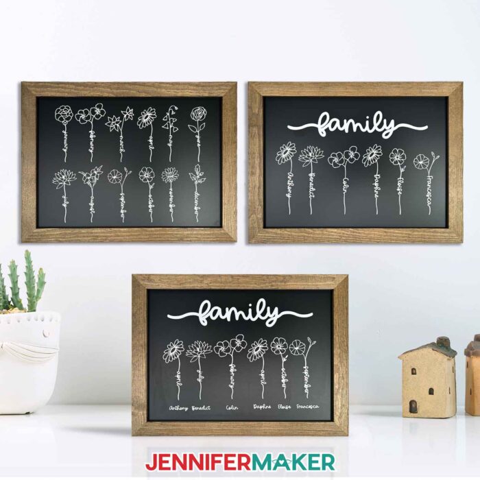 A set of three chalkboard Flower Word signs hanging on a white wall, each featuring different flower designs
