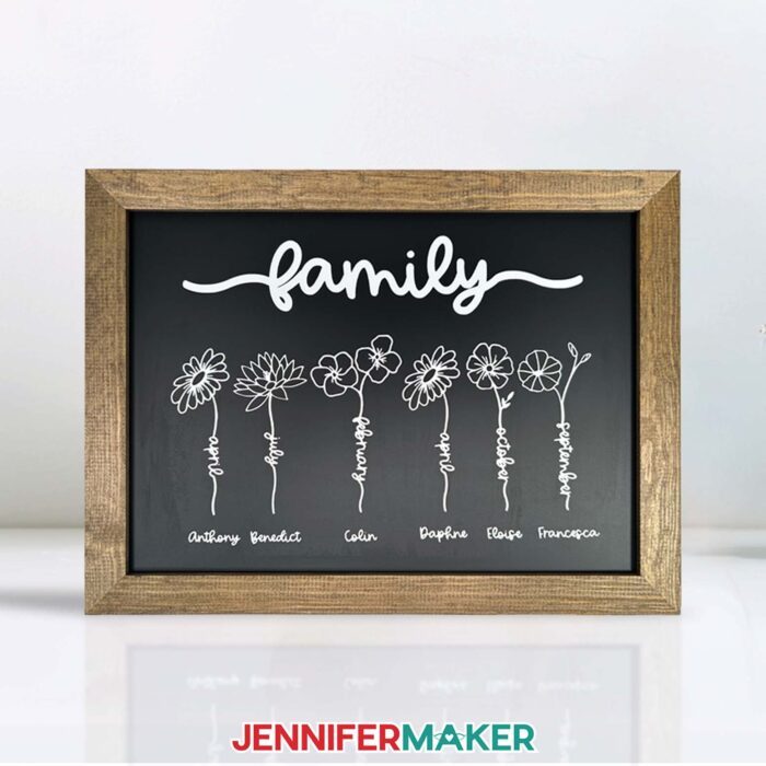 A chalkboard style plaque with "family" across the top in cute white script, and six Flower Word designs underneath, each with a different month of the year written in cursive into the stem. Underneath each stem is a name in the same script