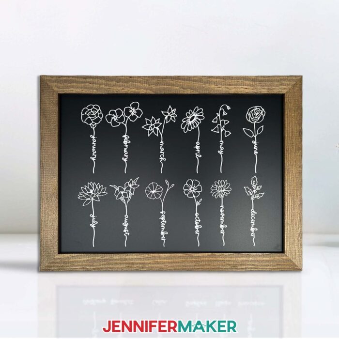 A chalkboard style plaque with twelve Flower Word designs underneath, each with a different month of the year written in cursive into the stem