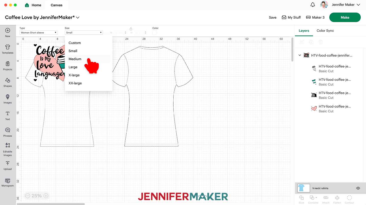 Choose the style and size for the shirt template for the HTV Mistakes coffee design.