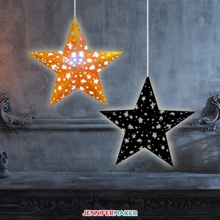 Paper star lanterns in orange and black make a fun Halloween paper craft idea