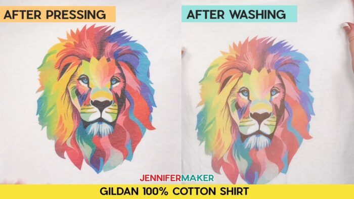 Not sure how long to heat press a sublimation shirt? Find out how with JenniferMaker's tutorial! Before and after pressing and washing photos of Jennifer's multicolored lion design, sublimated onto a white Gildan 100% cotton shirt. Image was faded to begin with, and substantially faded after washing.
