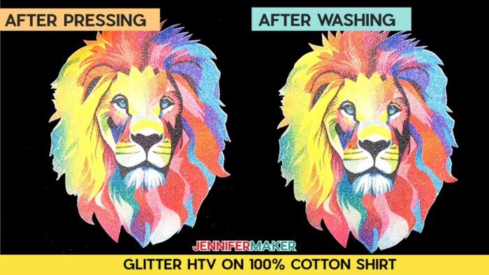 Not sure how long to heat press a sublimation shirt? Find out how with JenniferMaker's tutorial! Before and after pressing and washing photos of Jennifer's multicolored lion design, sublimated onto glitter HTV on a black 100% cotton shirt. Image shows minimal fading but the HTV did get wrinkly.
