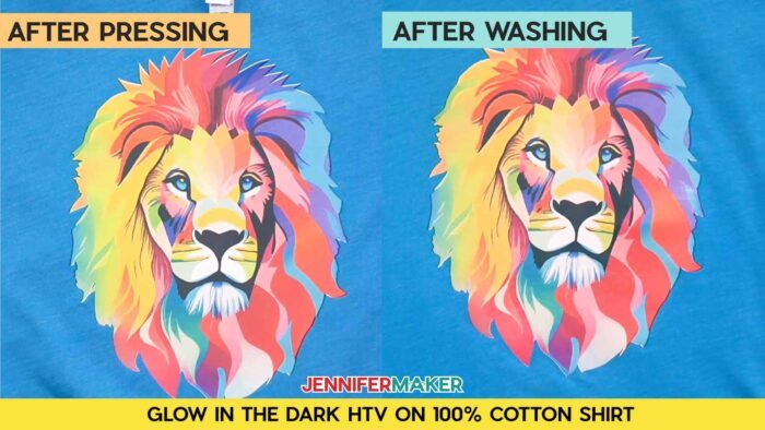 Not sure how long to heat press a sublimation shirt? Find out how with JenniferMaker's tutorial! Before and after pressing and washing photos of Jennifer's multicolored lion design, sublimated onto glow in the dark HTV on a blue 100% cotton shirt. Image shows no fading.