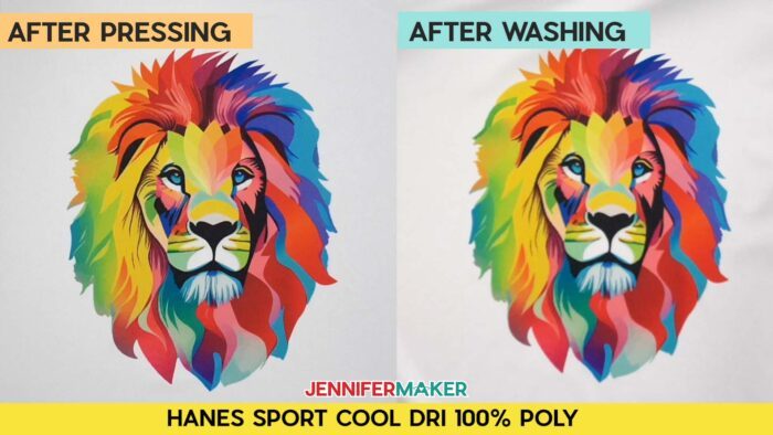 Not sure how long to heat press a sublimation shirt? Find out how with JenniferMaker's tutorial! Before and after pressing and washing photos of Jennifer's multicolored lion design, sublimated onto a white Hanes Sport Cool Dri 100% poly shirt. Image shows no fading.