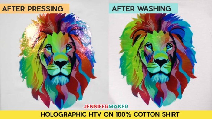Not sure how long to heat press a sublimation shirt? Find out how with JenniferMaker's tutorial! Before and after pressing and washing photos of Jennifer's multicolored lion design, sublimated onto holographic HTV on a white 100% cotton shirt. Image shows no fading but the vinyl did get very wrinkly after washing. 