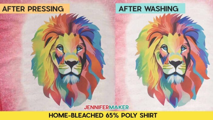 Not sure how long to heat press a sublimation shirt? Find out how with JenniferMaker's tutorial! Before and after pressing and washing photos of Jennifer's multicolored lion design, sublimated onto home-bleached 65% poly shirt. Image was faded to begin with, and washing faded it a little more.