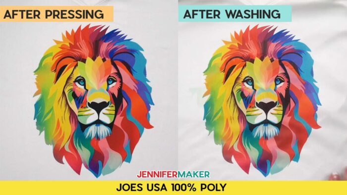 Not sure how long to heat press a sublimation shirt? Find out how with JenniferMaker's tutorial! Before and after pressing and washing photos of Jennifer's multicolored lion design, sublimated onto a white Joes USA 100% poly shirt. Image shows no fading.