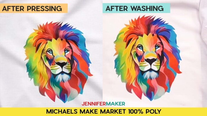 Not sure how long to heat press a sublimation shirt? Find out how with JenniferMaker's tutorial! Before and after pressing and washing photos of Jennifer's multicolored lion design, sublimated onto a white Michael's Make Market 100% poly shirt. Image shows no fading.